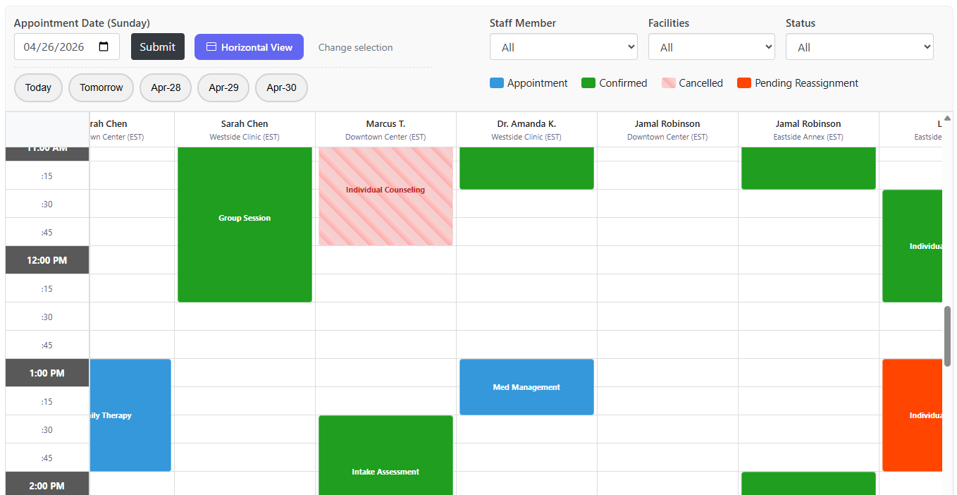 SecureCare scheduler — vertical view, with staff as columns and time as rows