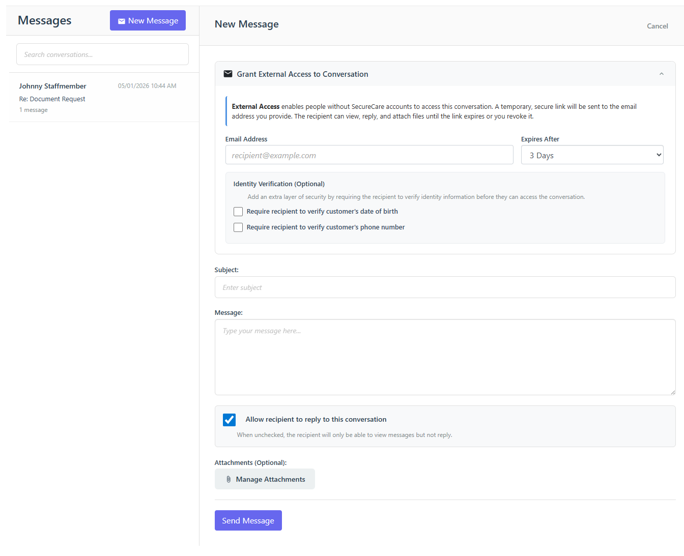 SecureCare® screenshot of messaging