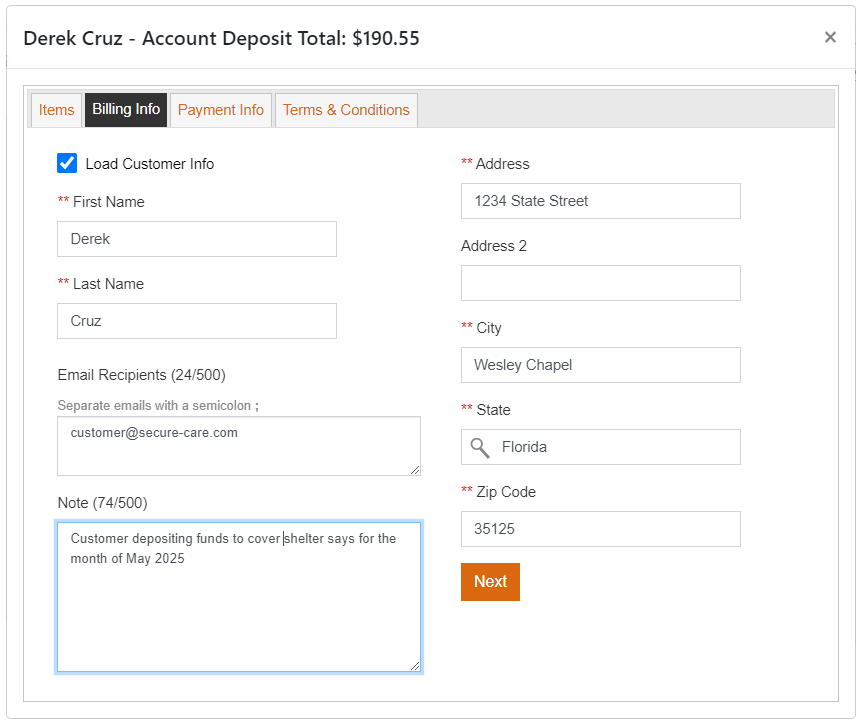 SecureCare screenshot of payments