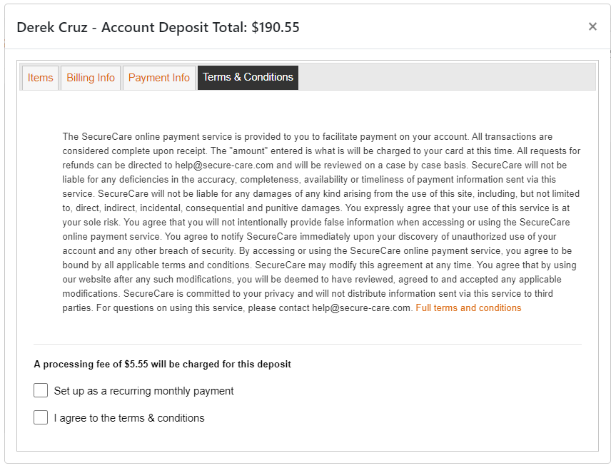 SecureCare screenshot of payments