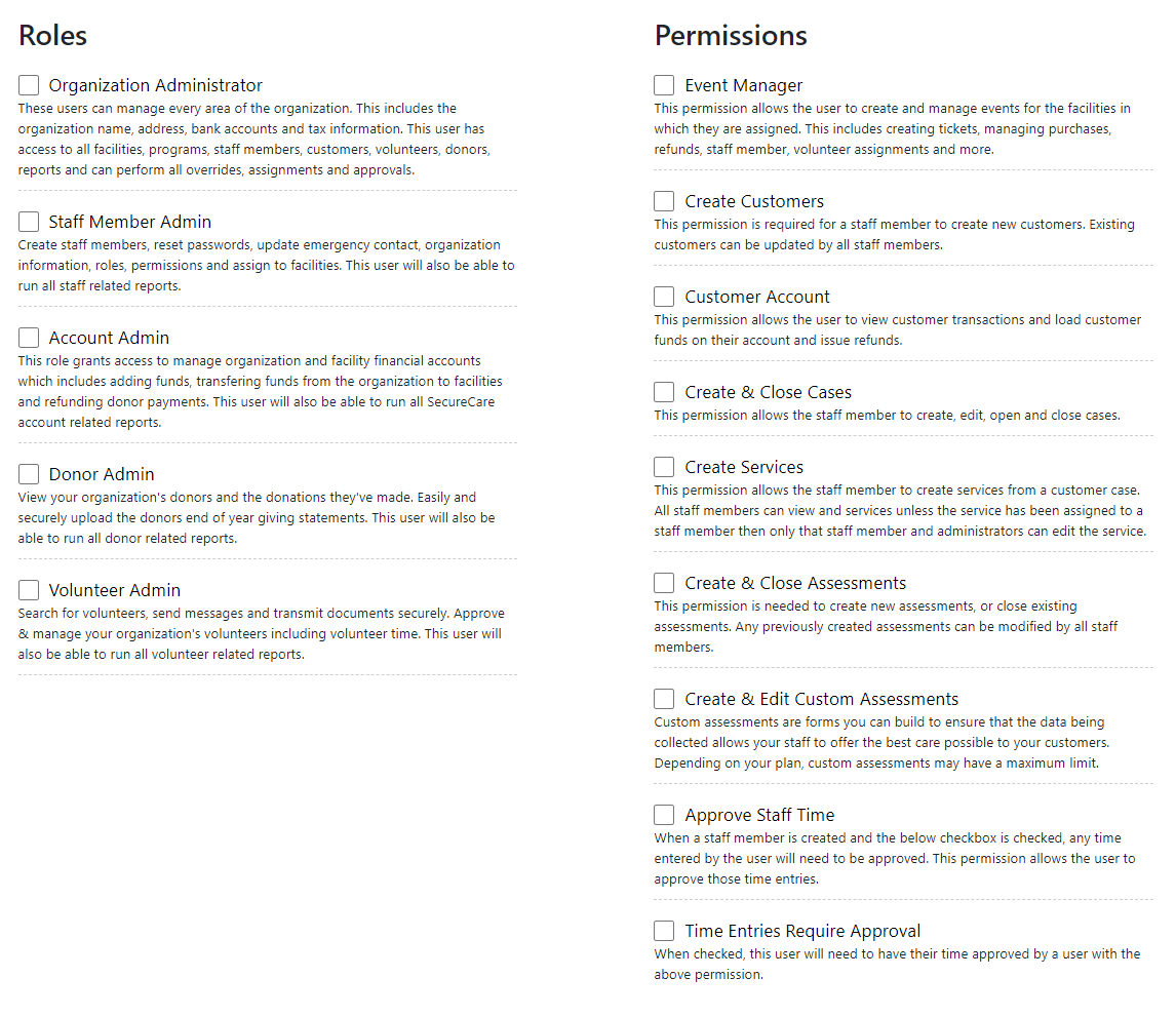 SecureCare screenshot of staff member roles and permissions