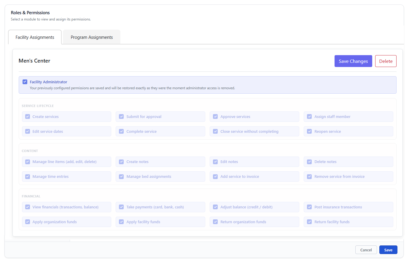 SecureCare® screenshot of facility and program permission overrides
