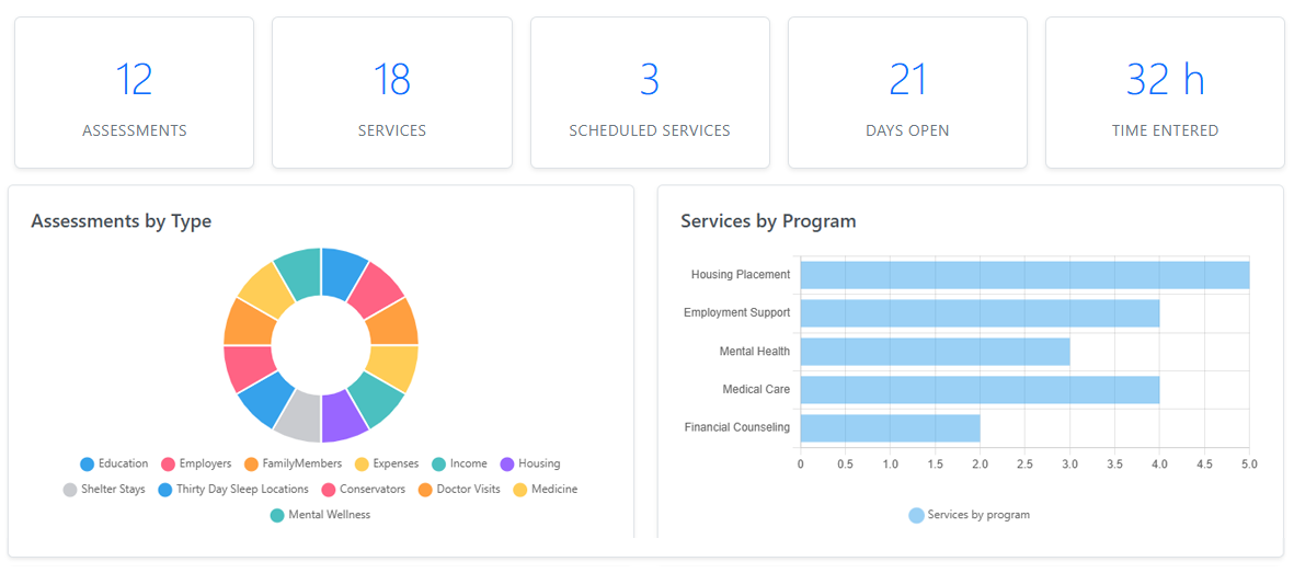 SecureCare case management dashboard with service and assessment metrics